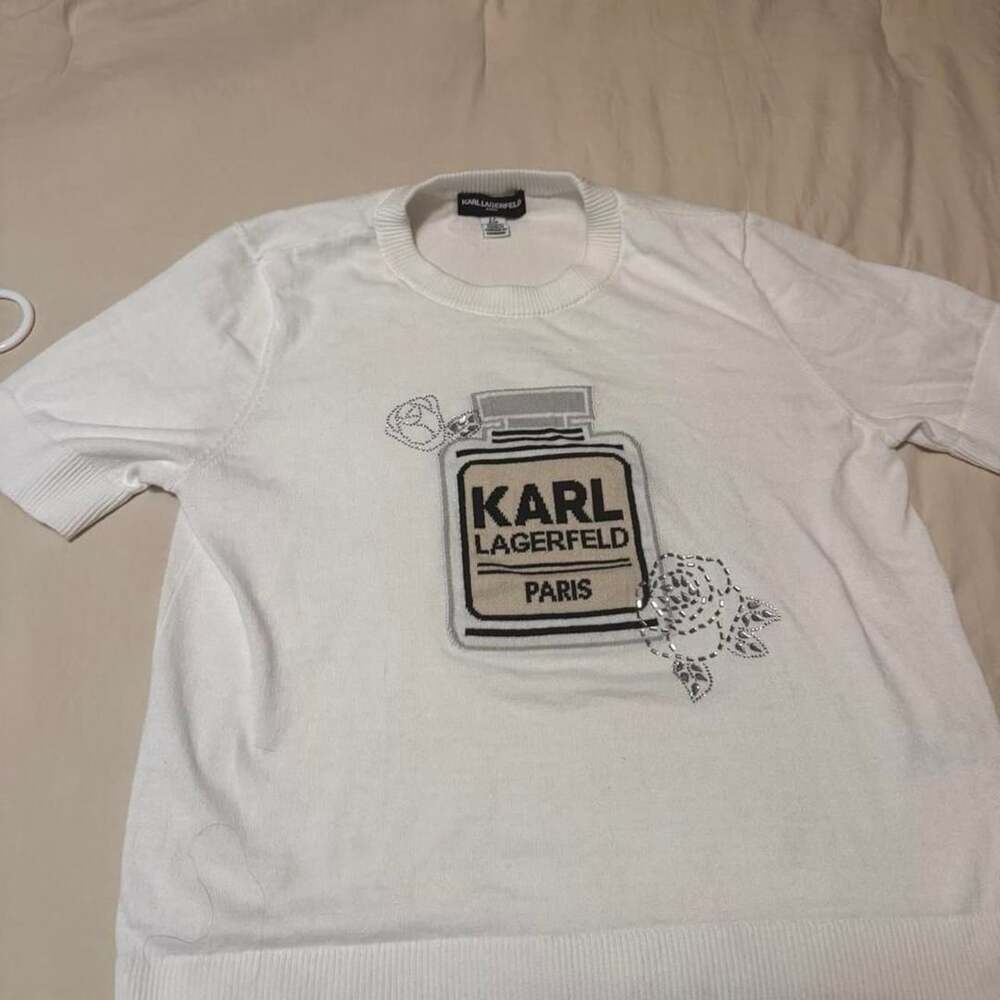 Karl Lagerfeld Paris Perfume Bottle Rhinestone Knit Top White